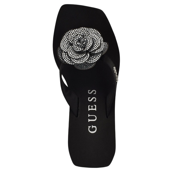 New Guess Black Damani Rhinestone Flower EVA Wedge Sandals Size 8M - Picture 1 of 13
